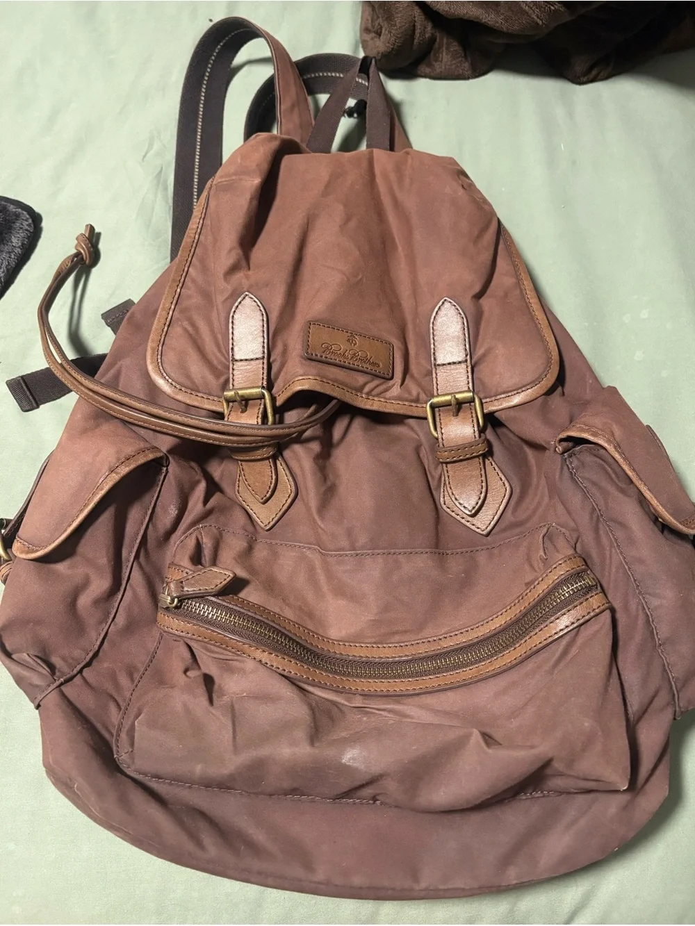 Brooks Brothers Brown Canvas Backpack with Leather Trim